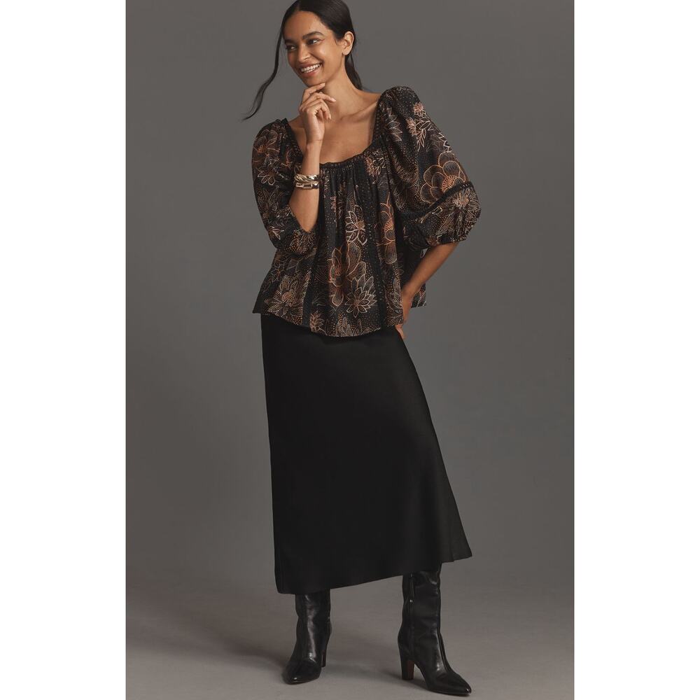 FARM Rio Lace Inset Peasant Black with Copper Floral Print and Puff Sleeves - Picture 2 of 8